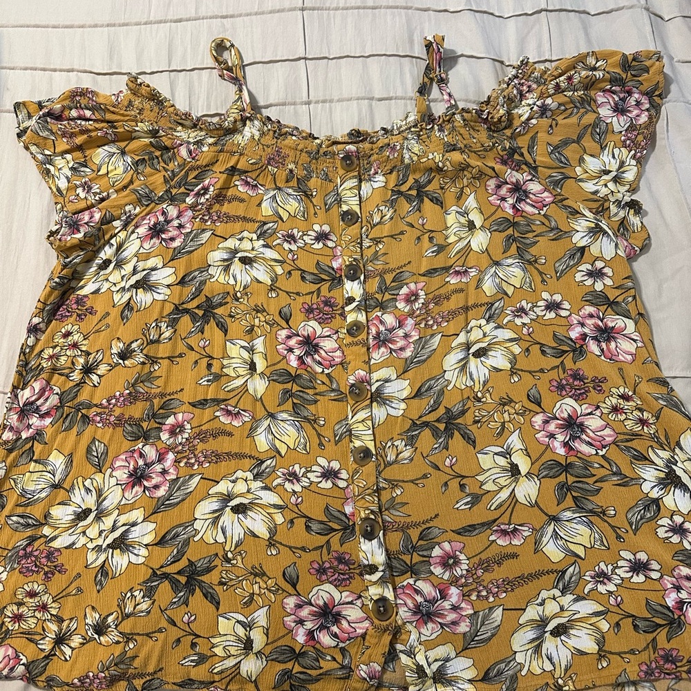 Torrid Yellow Cold Shoulder  Smocked Ruffled Blouse